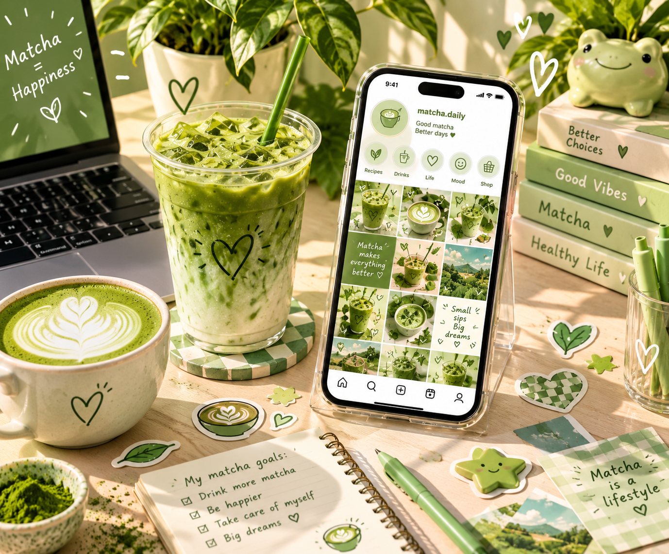 Matcha Content Club: plantillas Canva de estética matcha mostradas en móvil, portátil y escritorio